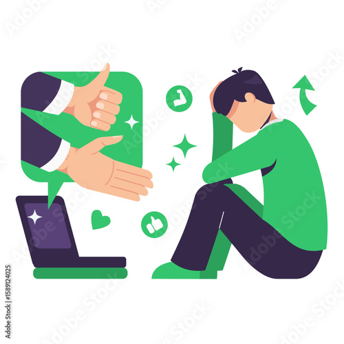 Online psychological support concept. Sad man sitting while receiving support and encouragement. Positive comments illustration.