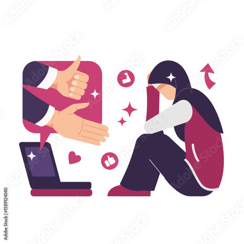 Online psychological support concept. Sad hijab woman sitting while receiving support and encouragement. Positive comments illustration.