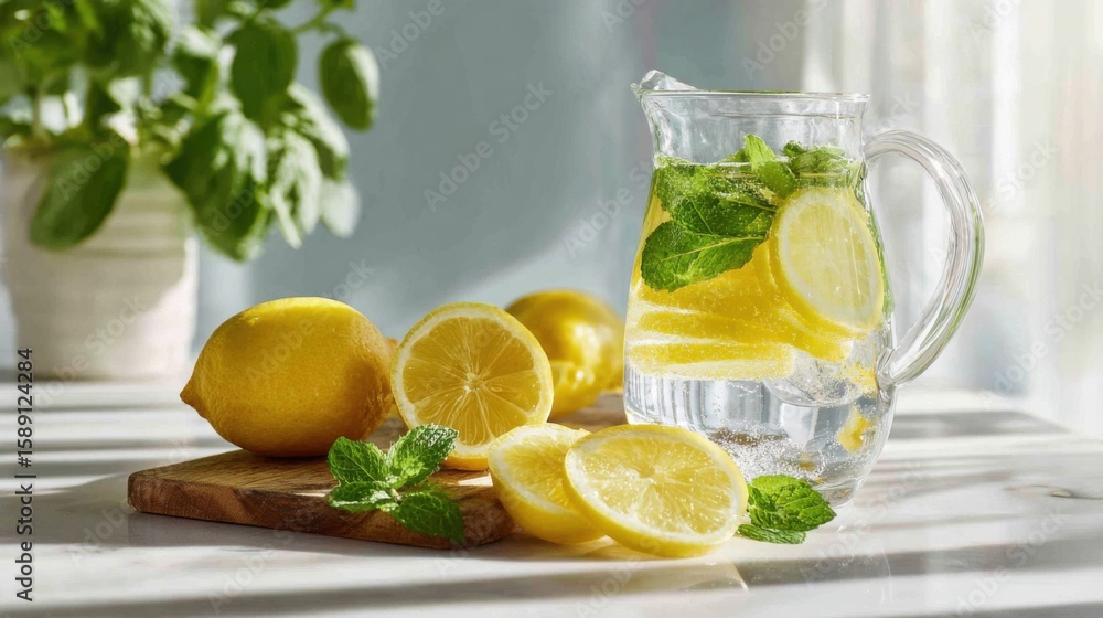 Fototapeta premium Refreshing Lemon Water with Sliced Lemons and Mint Leaves in Glass Pitcher.