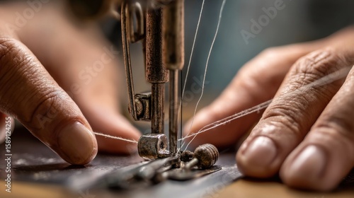Close-up of hands operating a vintage sewing machine with detailed stitching process.