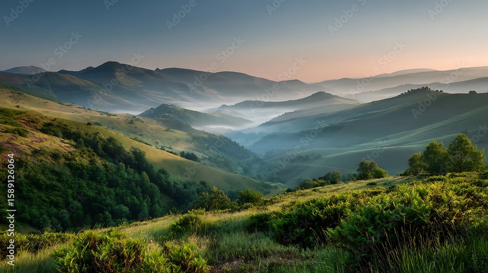 Fototapeta premium Serene Misty Mountain Valley Sunrise With Lush Green Rolling Hills
