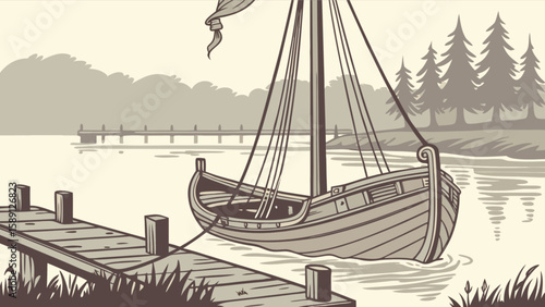 Vintage viking ship illustration at dock on lake with trees and pier drawing vector art design