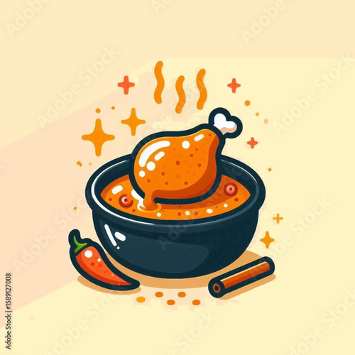 Cartoon image of spiced chicken leg in a bowl of broth