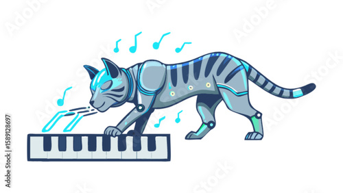 Robotic cat playing piano keyboard music notes artistic illustration digital art pet animal feline musician