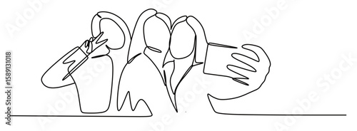 the continuous line art of three young women posing and taking a selfie