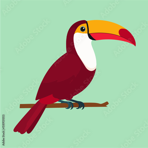 A beautifully illustrated, maroon-bodied toucan with a vibrant yellow beak sits calmly on a brown branch against a calming light green background.