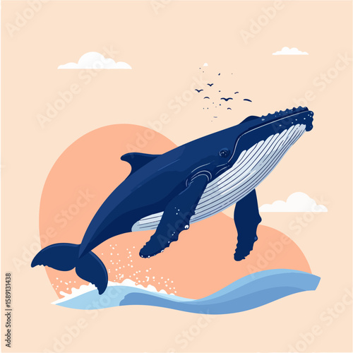 A captivating vector illustration of a majestic blue whale breaching the ocean's surface, with birds overhead, set against a peachy sky and stylized waves.