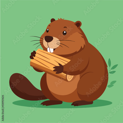 Cartoon illustration of a cute beaver with buck teeth holding a log of wood in its paws, standing against a green background, ideal for children's books or educational materials.