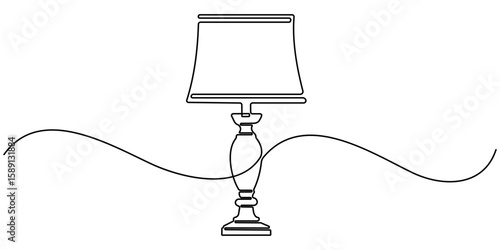 A simple line drawing of a desk lamp. It shows the lamp's shape and features in a single continuous line. continuous single one line art concept, Table study lamp outline drawing illustration. one. 