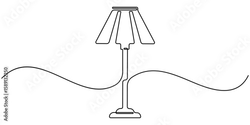A simple line drawing of a desk lamp. It shows the lamp's shape and features in a single continuous line. continuous single one line art concept, Table study lamp outline drawing illustration. one. 
