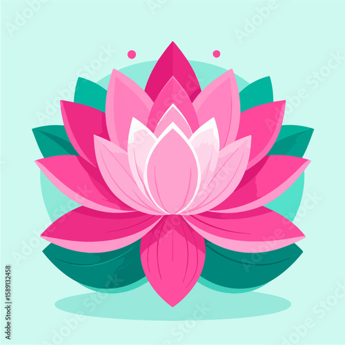 Serene vector illustration of a pink lotus flower blooming with green leaves and a light blue background, ideal for various designs.