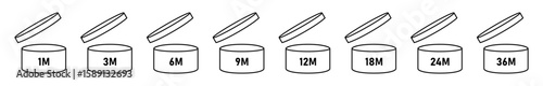Vector icons showing cosmetic expiry periods from 1M to 36M. Ideal for packaging, product labels, skincare, and beauty product.