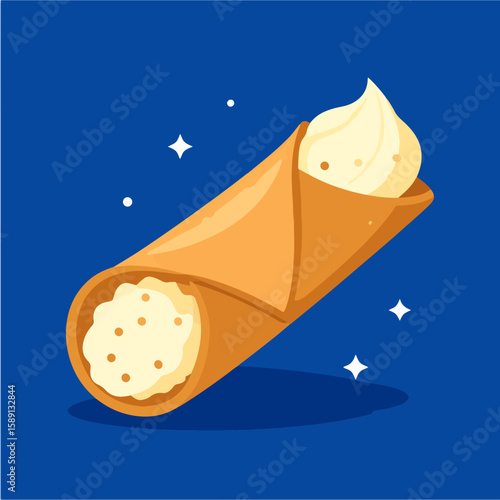 A vibrant illustration of a classic Italian cannoli filled with sweet ricotta cream, set against a royal blue background with decorative sparkles.