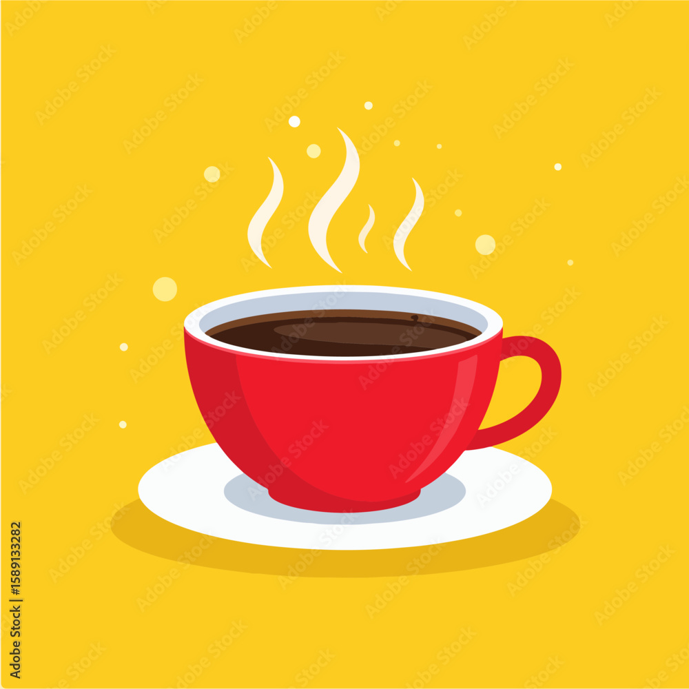 Obraz premium A stylized vector illustration of a steaming red coffee cup on a white saucer, set against a vibrant yellow background, ideal for illustrating cafe culture and morning routines.