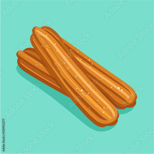 Two delicious fried churro pastries sprinkled with sugar, displayed on a light blue background, tempting viewers with their crispy, sweet goodness.