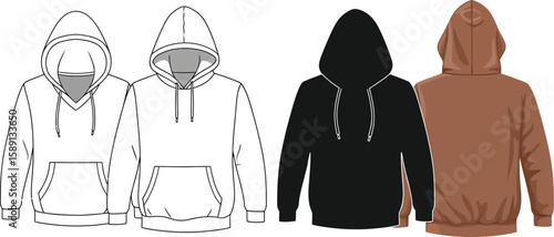 Four hooded sweatshirts are displayed in a row, showcasing different styles and colors like white outline, solid black, and brown, perfect for fashion design templates.