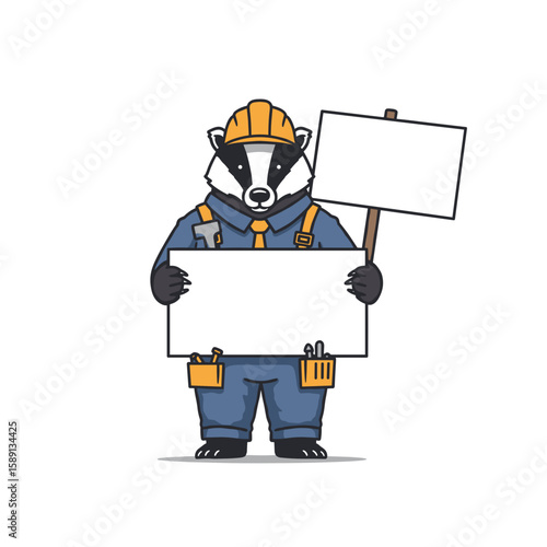Cartoon badger wearing construction uniform holding blank signs  