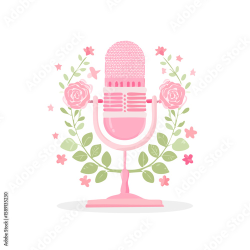 Floral microphone illustration pink podcast studio sound recording audio equipment broadcast communication media flowers leaves roses star design