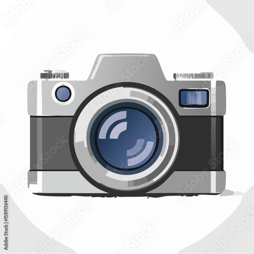 Retro style camera illustration. Silver and gray lens photography device graphic.