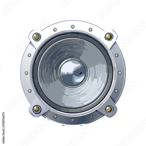 Metallic Speaker Illustration with Circular Design and Rivets on a Black Background