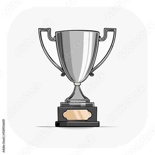 Cartoon drawing of a shiny silver trophy with a base, winner’s prize or award