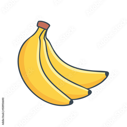 Three yellow bananas illustration with peel texture and dark outline on a black background, fresh, healthy