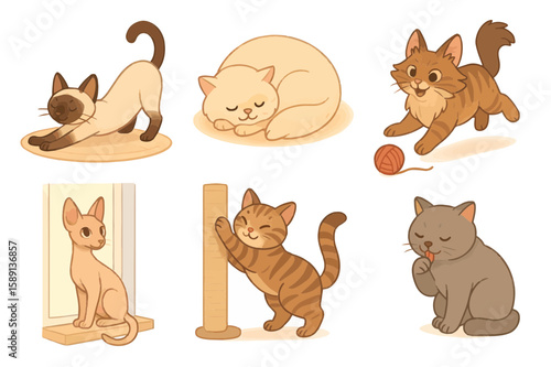Adorable Cartoon Cats Collection Playful Poses and Cute Expressions in Vector Style