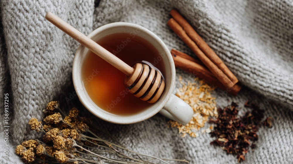 Fototapeta premium Cozy Winter Tea with Honey and Cinnamon on Knit Texture