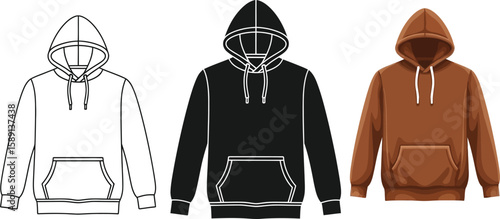 Three hoodie illustrations showcase apparel design in line art, silhouette, and color, ideal for fashion templates, clothing mockups, and creative projects requiring casual wear visuals.