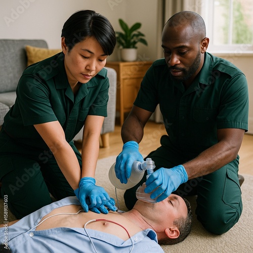 Male patient in cardiac arrest. He is receiving cpr from two ambulance personnel. One is doing check compressions and the other using a bag valve mask to ventilate the patient.