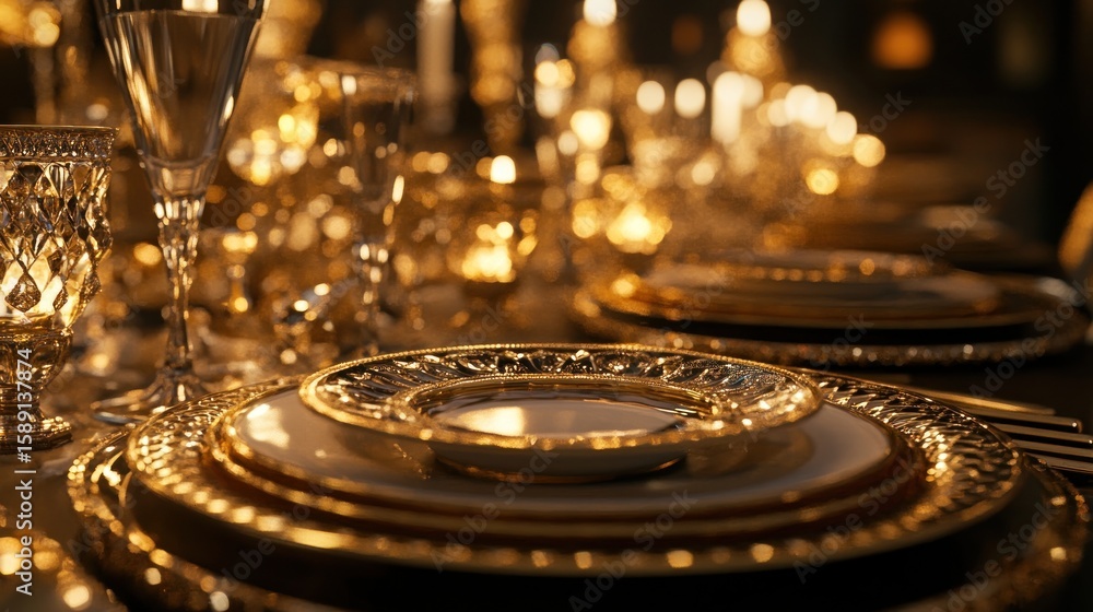 Luxurious gold-toned dinnerware arrangement with candles and glassware. Elegant, sophisticated table setting Luxurious gold-toned dinnerware arrangement with candles and glassware. Elegant, sophisticated table setting