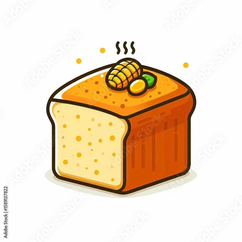 Cartoon style loaf possibly corn bread Topped with corn and a green sprig