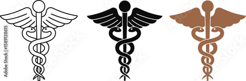 Three caduceus symbols showcase medical profession icons in line art, solid black, and brown, representing healthcare, medicine, and healing with a classic emblem.