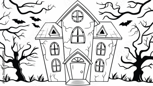 A spooky haunted house with bats flying around and creepy trees for a halloween coloring page scene