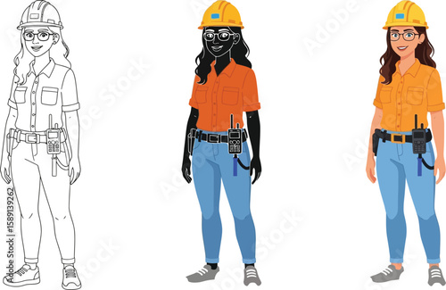 Illustration showcasing a woman engineer in work attire, complete with a hard hat, tool belt, and radio, presented in three styles outline, silhouette, and full color.