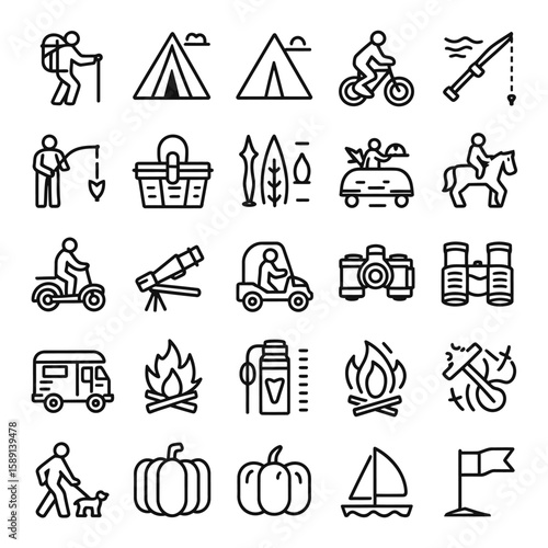 Outdoor Adventure Line Icons Camping, Hiking, Fishing & More