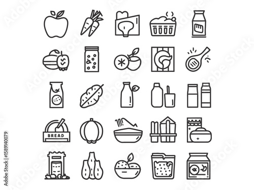 Collection of modern outline icons representing healthy food and drinks for a balanced diet