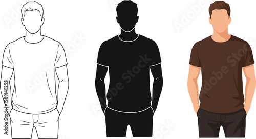 Three faceless men showcase diverse styles, from a simple line drawing to a solid silhouette and a fully colored version, ideal for fashion mockups and design templates.