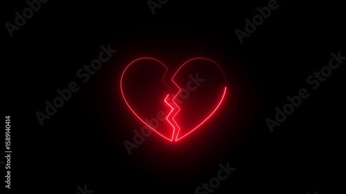 Animation icon of a broken red heart 4k on black background. Broken heart animation. Concept of unrequited love broken heart neon sign animation Neon broken heart no valentines day indicates. 