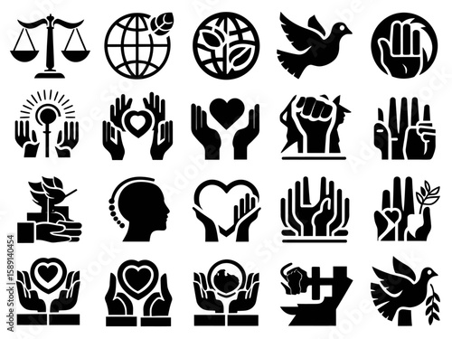 Collection of diverse icons representing peace justice human rights and environmental protection