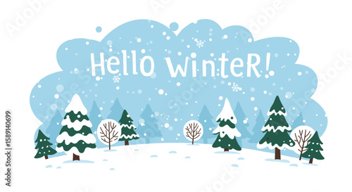 Cheerful winter greeting with snowy trees and falling snowflakes in blue scene