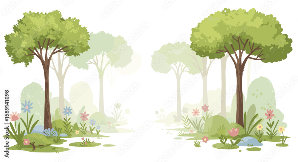 Obraz premium Lush green forest with flowering plants in watercolor style