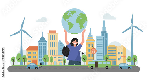 Eco-friendly urban lifestyle with sustainable energy and transportation