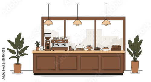 Modern cafe counter with coffee machine and pastries in flat design