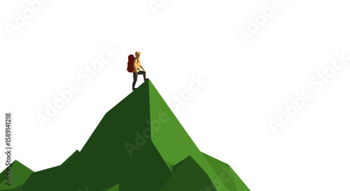 Hiker on low poly mountain peak under blue sky