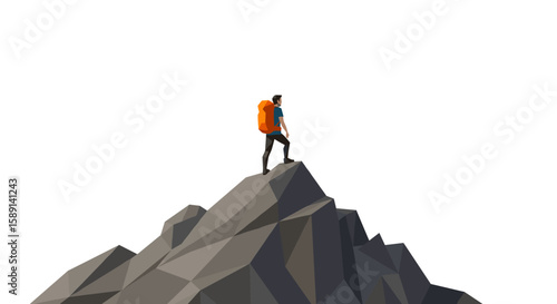 Low poly hiker standing on mountain peak in minimalistic adventure design
