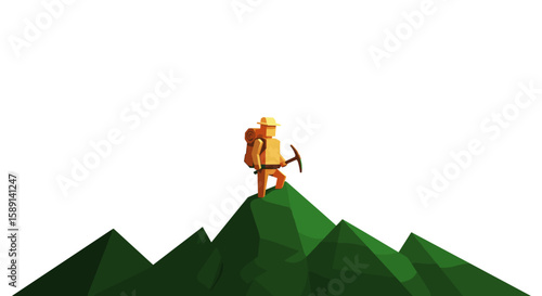 Low poly hiker on mountain peak with pickaxe in minimalist style