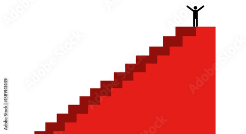Success concept: figure celebrating on top of red staircase