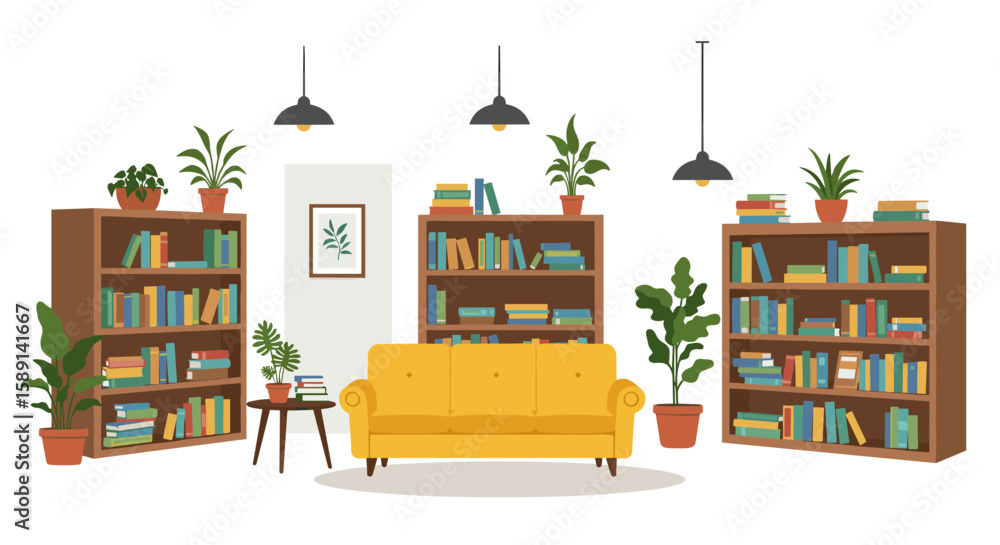 Obraz premium Cozy living room with yellow sofa and bookshelves featuring indoor plants