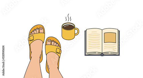 Relaxing morning: cozy scene with coffee, open book, and sandals